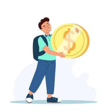 Çocuklar için Tasarruf, Finansal Başarı Planlama. Küçük Çocuk Ellerinde Büyük Altın Para Tutuyor. Çocuk Karakteri Gelecek, Eğitim ve Yaşam Refahı İçin Para Topluyor. Çizgi film İnsanları Vektör İllüstrasyonu