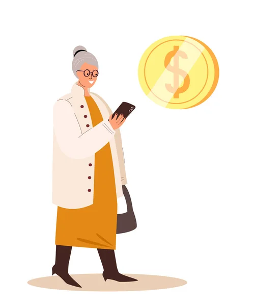 Retired Old Woman Character Look Smartphone Screen Dollar Sign Speech — Vettoriale Stock