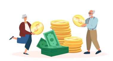 Emekli maaşı, Kâr, Aile Bütçesi, Emeklilik Konsepti. Üst Düzey Erkek ve Kadın Karakterler Para Toplar, Kâr Eder, Para ve Banknotları Yığına Koy. Çizgi film İnsanları Vektör İllüstrasyonu