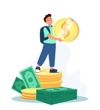 Eğitim için birikim ya da kredi. Sırt çantalı ve Kitaplı Küçük Öğrenci Erkek Karakteri Büyük Para Yığını ya da Kağıt Para Faturaları Üzerinde Duruyor. Genç Adam Emeklilik için Para Topluyor. Çizgi film Vektör İllüstrasyonu