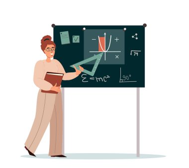 Protractor 'u olan öğretmen beyaz arka planda izole edildi. Olgun Yakışıklı Kadın Karakteri Resmi Giysileri Giyin Dersleri Sınıftaki Öğrencilere Açıkla, Eğitim Konsepti. Çizgi film İnsanları Vektör İllüstrasyonu