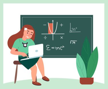 Laptop 'taki Öğrenim ve Öğrenme Geometrisi ve Cebir Beyaz Arkaplanda İzole Edildi. Chalkboard, Çevrimiçi Eğitim Konsepti yakınlarındaki Sınıfta Dizüstü Bilgisayarda Online Ders. İnsanlar Düz Vektör İllüstrasyonu