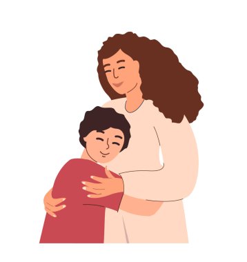 Loving Mother and boy son child hugging together.Love of mom and her child.Family relationships,Support and love.Warm hugs.Happy Woman and kid son.Flat vector illustration isolated on white background