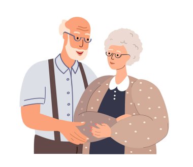 Son sınıf aşk çifti portresi. Yaşlı adam ve kadın kucaklaşır, destek olur. Mutlu yaşlı bir aile, eş. Romantik ilişkileri olan yaşlı bir eş ve koca. Düz grafik vektör çizimi beyaz arkaplanda izole edildi
