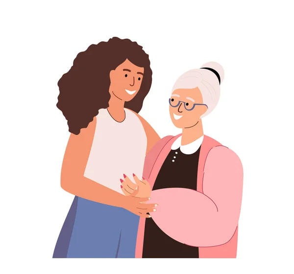 Happy Adult Daughter Hugging Old Mother Feel Love Suport Each — Διανυσματικό Αρχείο