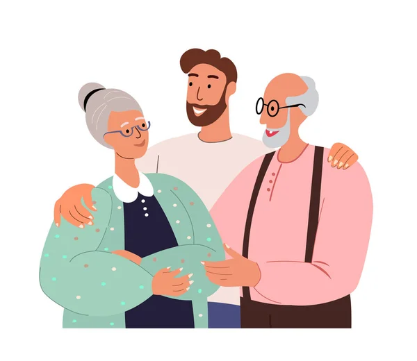 Portrét Šťastné Rodinné Podpory Objímat Dospělý Muž Objímající Dospělé Rodiče — Stockový vektor