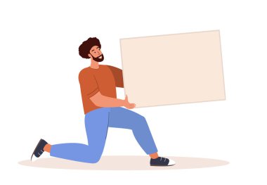 Gülümseyen adam reklam mesajı için elinde boş kağıt maketi tutuyor. Boş bir levhada smth sunan mutlu genç adam. Reklam panosu elinde. Düz grafik vektör çizimi beyaz arkaplanda izole edildi