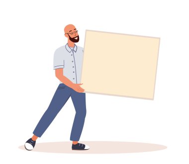 Elinde boş bir levha ve kağıt tutan bir adam. Promosyon mesajı için arka planı boş olan mutlu bir insan. Elinde reklam pankartı olan genç adam. Düz grafik vektör çizimi beyaz üzerine izole edildi