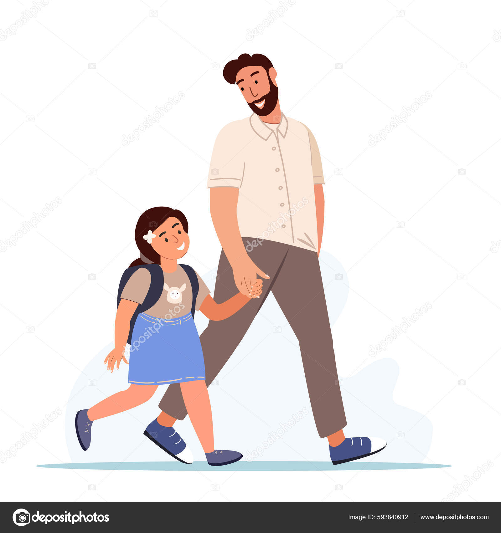 Father Daughter Going Together Young Dad Leading Girl Kid School.