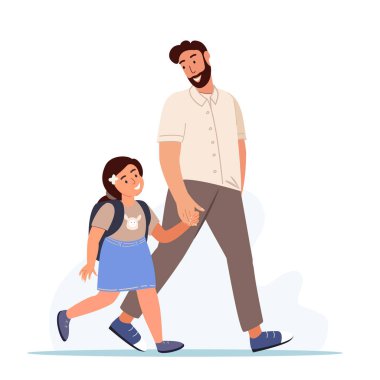 Baba ve kızı birlikte gidiyor. Genç baba, kızı okula götürüyor, el ele tutuşuyor. Erkek ebeveyn, beyaz arka planda izole edilmiş düz vektör çizimi ile çocuğunu ve çocuğunu destekliyor.