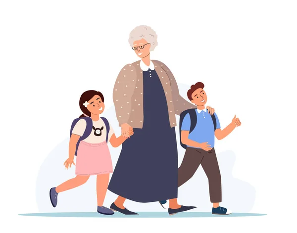 Grandmother Grandchildren Going Together Old Retired Woman Leading Kids School — Stockvektor