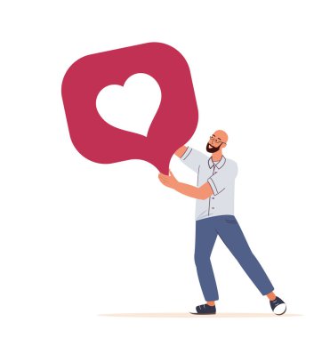 Tiny young strong man carry giant heart button.Like buttons image design.Cartoon characters.Colorful flat vector illustration on wite background.