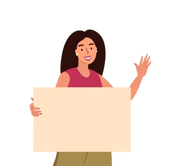 Smiling Girl Holding Blank Poster Place Text Saying Hello Young — Stockový vektor