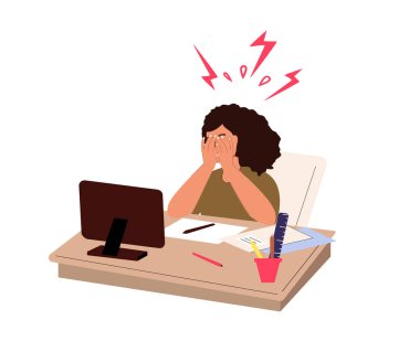 Tired Nervous Angry overworked employee at workplace.Exhausted fatigue office worker with exploded head,sit at computer desk,overloaded with work.Flat vector illustration isolated on white background