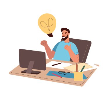 Mutlu akıllı insan çalışma masasında oturur, çözüm bulur, parlak bir fikre, ampule sahip olur. İş anlayışı, yaratıcı düşünce, ilham. Beyaz arka planda izole edilmiş düz vektör çizimi.