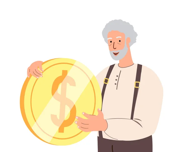 Happy Smiling Senior Hale Character Holding Huge Golden Coin Concept — стоковый вектор