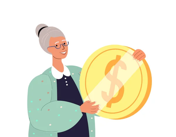Happy Smiling Senior Female Character Holding Huge Golden Coin Concept — Stockový vektor