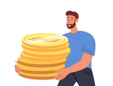 Mutlu Gülümseyen Genç Erkek Karakteri Büyük Altın Para Yığını. Finansal Servet, Para Birikim ve Birikim, Tasarruf, Zengin Hayat, Neşeli Adam. Çizgi film İnsan Vektör İllüzyonu