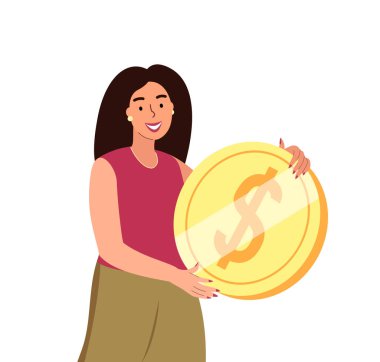 Mutlu Gülümseyen Genç Kadın Karakteri Büyük Altın Para Tutuyor. Finansal Zenginlik, Para Birikimi, Tasarruf, Varlıklı Hayat, Neşeli Büyükbabalar. Çizgi film İnsan Vektör İllüzyonu