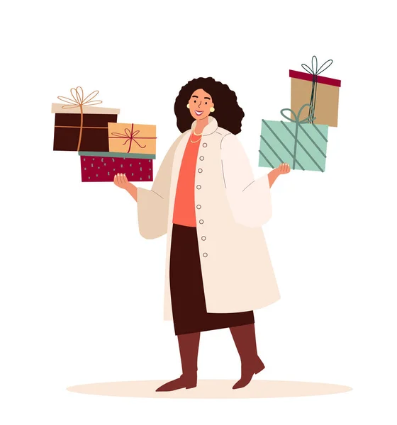 快乐微笑的女人在圣诞购物 为寒假做准备 快乐的女孩在新年前夕拿着圣诞礼品盒 — 图库矢量图片