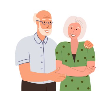Gülümseyen yaşlı bir çift yaşlı, mutlu, emekli bir erkek ve kadın birbirlerine sarılıyorlar. Mutlu ilişkiler. Yaşlı, son sınıf eşi moda kıyafetleri giyiyor.
