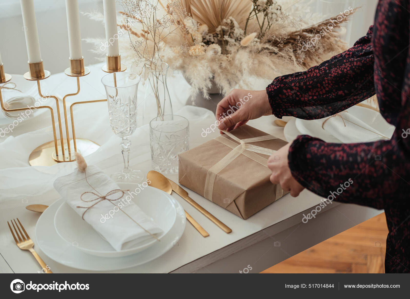 Unrecognizable Woman Hosting Elegant Dinner Party Making Christmas