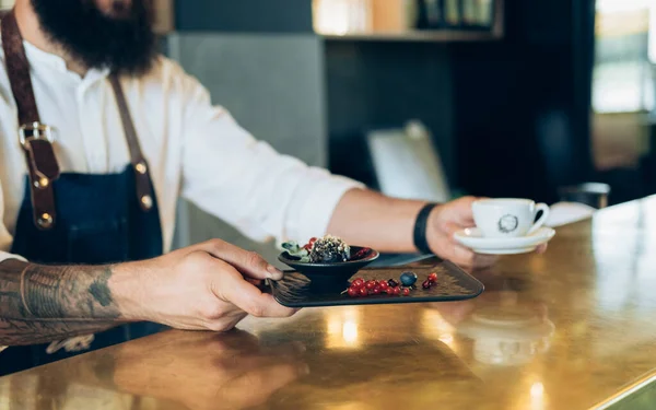 Anonymous Bartender Offering Cup Coffee Dessert Customer Coffee Shop Unrecognizable — Stock Photo, Image