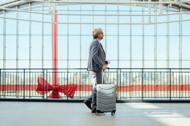 Uçak bileti ve havaalanında valiziyle yürüyen Ciddi İş Adamı Pasaportu Tutuyor