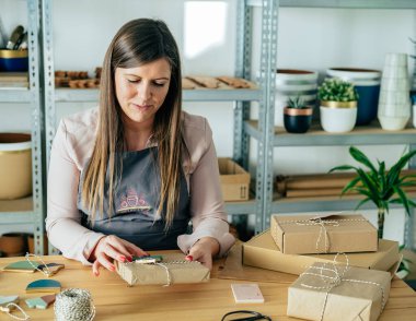 Sıfır Noeli Hazırlayan Önlüklü Gülümseyen Kadın, Clay 'in Noel süslerini dükkanında ziyan etti