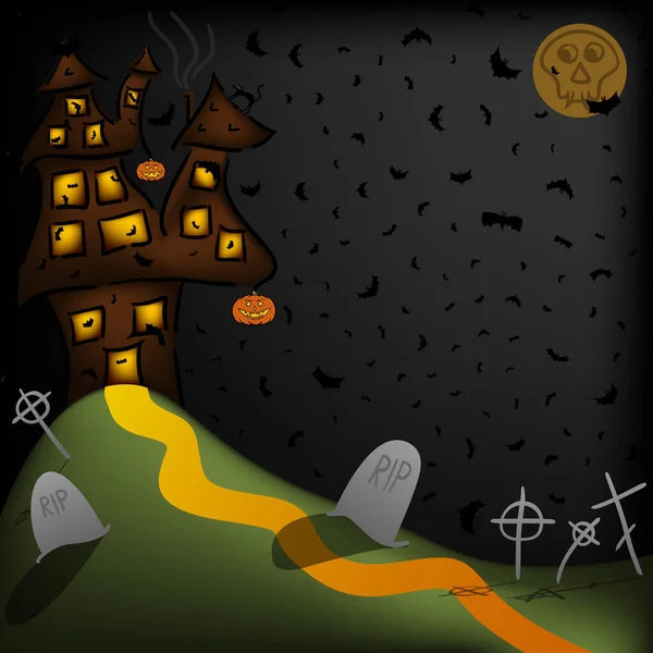 Vector Miedo Noche Halloween Fondo Con Casa Embrujada Colina Cementary — Vector de stock