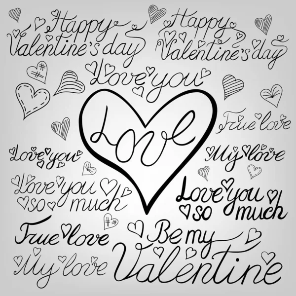 Black Ink Vector Valentine Day Lettering Set — Stock Vector