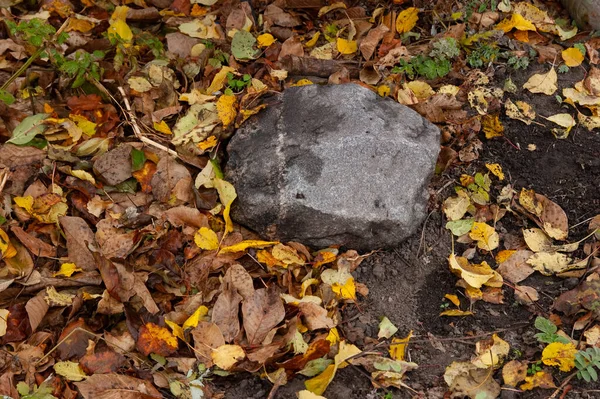 Large Granite Stone Lies Fallen Autumn Leaves — Foto de Stock