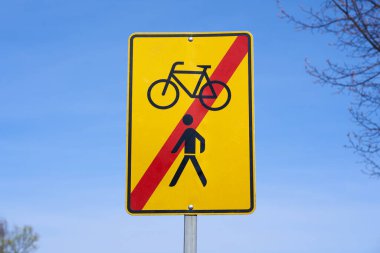 A sign with the information that it is not accessible to pedestrians and cyclists. Road sign prohibiting pedestrians and bicycles.                            