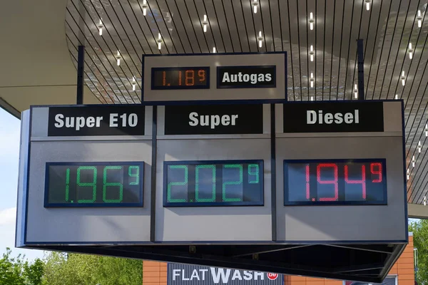 Dortmund, Germany - May 11, 2022: Gasoline prices at a gas station in May 2022.                                