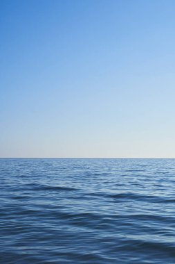 Dark blue water from the sea with blue sky. Light comes from the right. Vertical format, also suitable as a poster or background. Free space for text or objects.                            