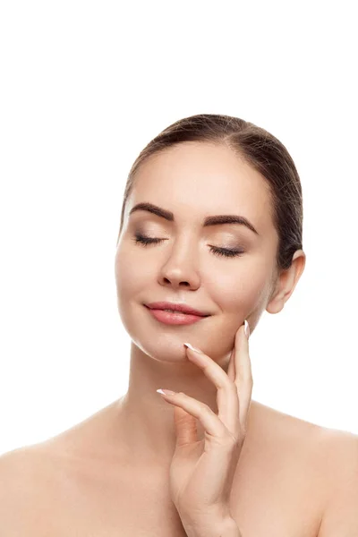 Beautiful Young Woman Clean Fresh Skin Touch Own Face Facial — Stock Photo, Image