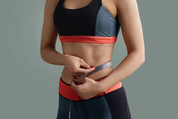 Woman Measuring Her Waistline Closeup Female Perfect Slim Body Weight — Stock Photo, Image