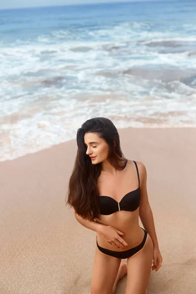 Beautiful Luxury Slim Girl Black Bikini Beach Ocean Beauty Woman — Stock Photo, Image