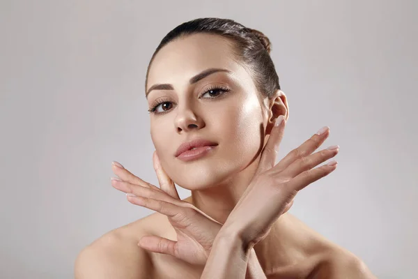 Skin Care Woman Beauty Face Touching Healthy Facial Skin Portrait — Stock Fotó