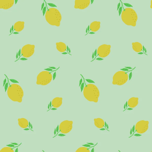 Modello di limone senza cuciture con foglie. Illustrazione vettoriale a colori dello stile doodle. — Vettoriale Stock