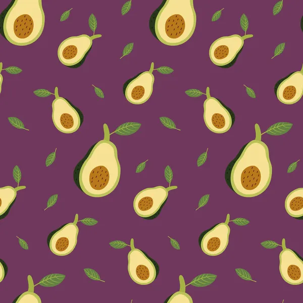 Modello di avocado senza cuciture con foglie su sfondo viola. Illustrazione vettoriale a colori dello stile doodle. — Vettoriale Stock