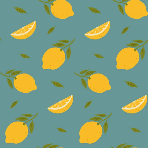 Bezešvý citrónový vzor s listy a plátky. Žluté citrusové plody na tyrkysovém pozadí. Barevná vektorová ilustrace pro textil, balicí papír. — Stockový vektor