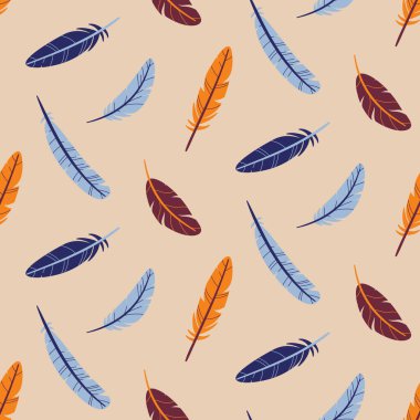 Uçan ve düşen tüylerin kusursuz deseni. Renk vektörü illüstrasyonu.