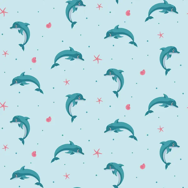Patrón marino sin costuras saltando delfín con conchas marinas y estrellas de mar. Ilustración del vector de color. — Vector de stock
