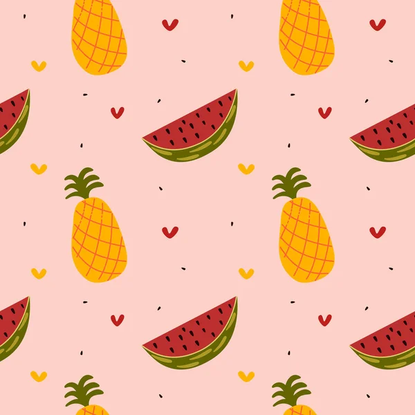Tohumları ve kalpleri olan kusursuz ananas ve karpuz deseni. Karalama biçiminin renk vektör çizimi.