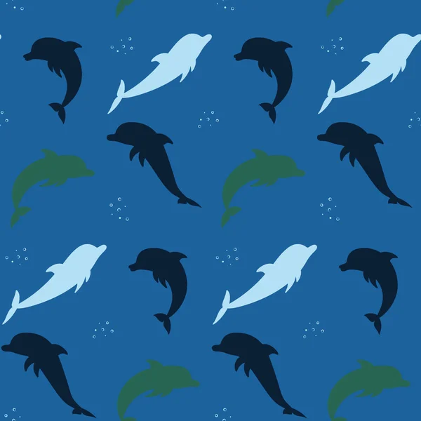 Siluetas de patrón sin costuras de delfines en el mar. Ilustración del vector de color. — Vector de stock