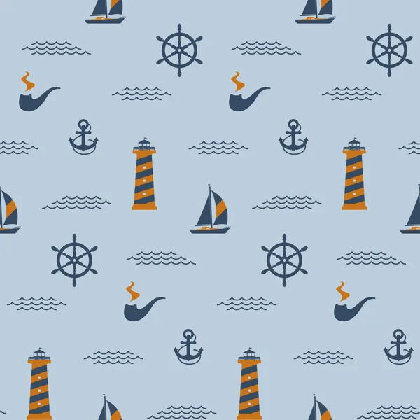 Modello marino blu-arancio senza cuciture. Nave, faro, faro, pipa fumante sullo sfondo del mare con onde. Illustrazione vettoriale a colori, stile piatto. — Vettoriale Stock