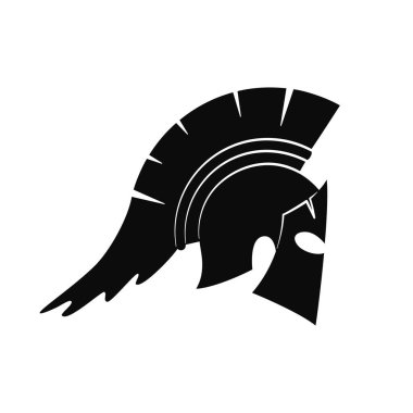 Silhouette of the helmet of a warrior of ancient Greece. Black and white illustration for logo, icons. White isolated background.