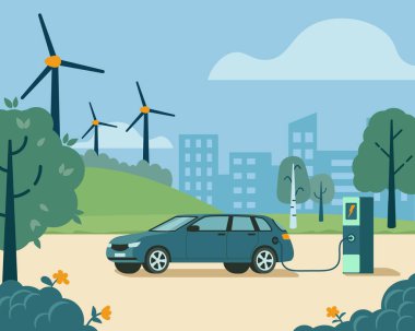 Arka planda yeşil arazi ve şehirlerde elektro araba şarj ediliyor. Geleceğin çevre dostu yenilenebilir enerji kavramı. Renkli vektör illüstrasyonu, düz biçim.