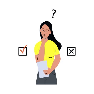 Kız cevabın üzerinde bir kağıt parçasıyla düşünüyor. Seçim sorunu kavramı, çözüm. Renkli vektör çizimi, düz stil. Beyaz izole arkaplan.